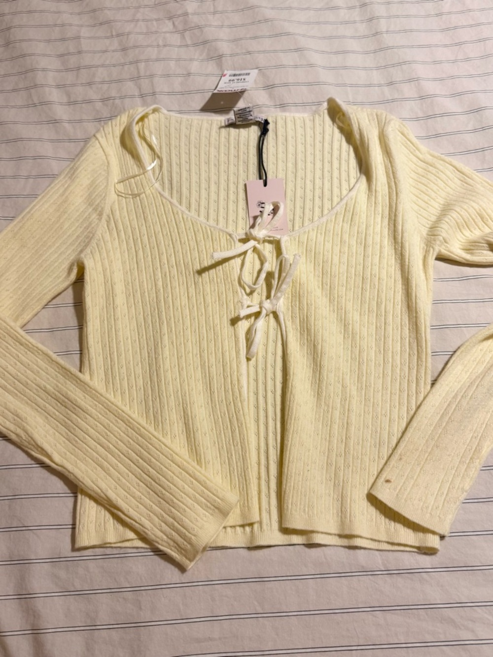 Sincerely Jules Pale Yellow Ribbed Lace-Up Long Sleeve Top